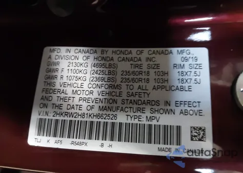 2019 Honda Cr-V Ex-L z USA, uszkodzony, nr VIN 2HKRW2H81KH662526